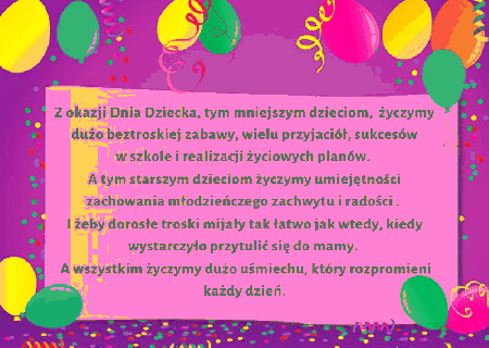 Fioletowa kartka z balonami i życzeniami na dzień dziecka